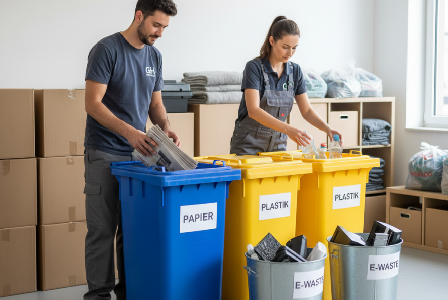 Entrümpelung in Berlin durch GH Facility Management – sortierte Recyclingboxen und fachgerechte Entsorgung.