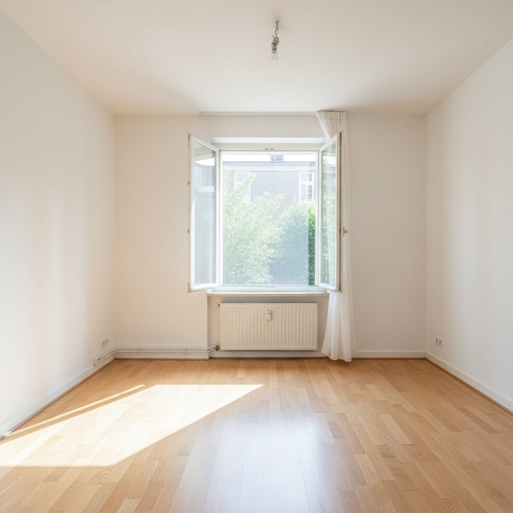 Leere, saubere Berliner Wohnung nach einer erfolgreichen Entrümpelung.