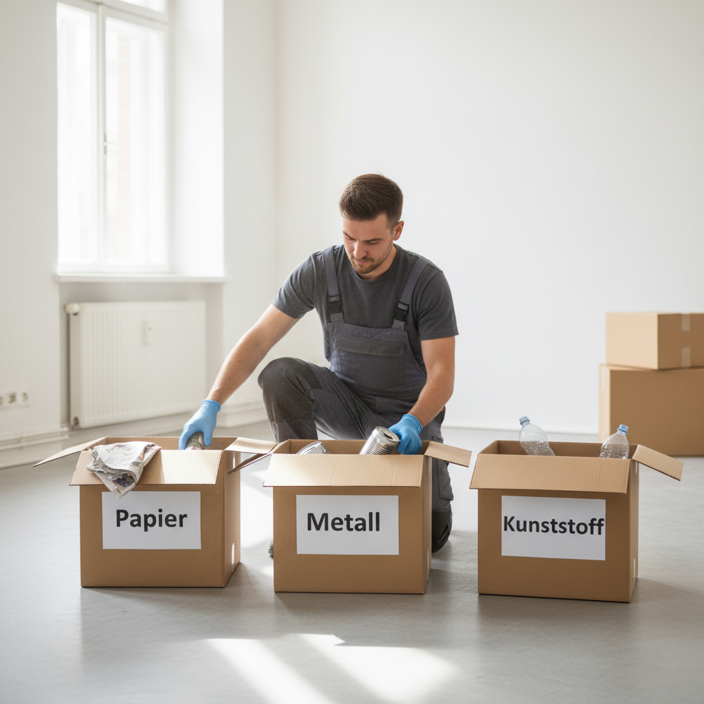 Mitarbeiter sortiert Gegenstände in Recycling-Boxen während einer Entrümpelung in Berlin.
