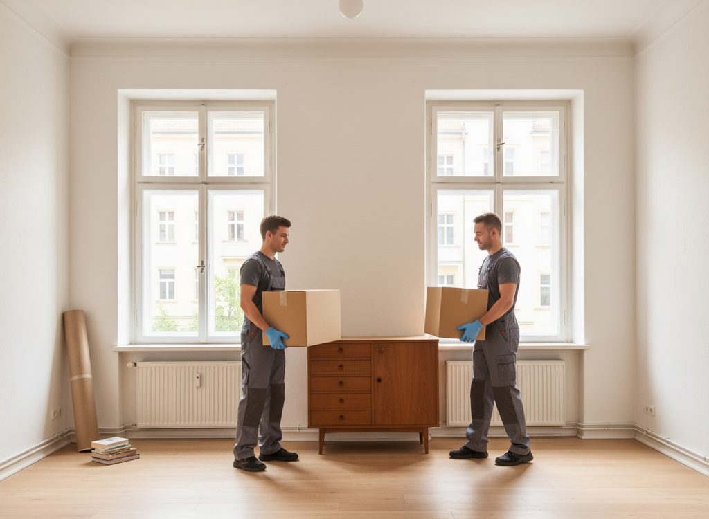 Zwei Mitarbeiter räumen Möbel und Kartons aus einer Berliner Wohnung.