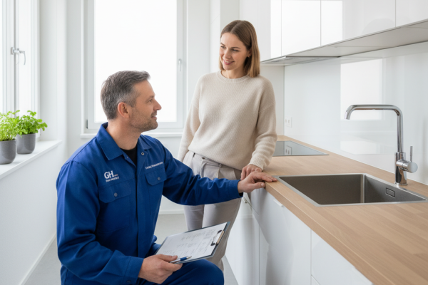 Hausmeister von GH Facility Management überprüft eine Küchenarmatur in Berlin – zuverlässiger Facility Service für Gebäude und Immobilienpflege.