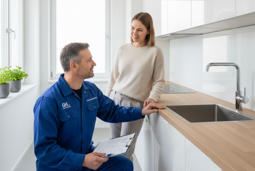 Hausmeister von GH Facility Management überprüft eine Küchenarmatur in Berlin – zuverlässiger Facility Service für Gebäude und Immobilienpflege.