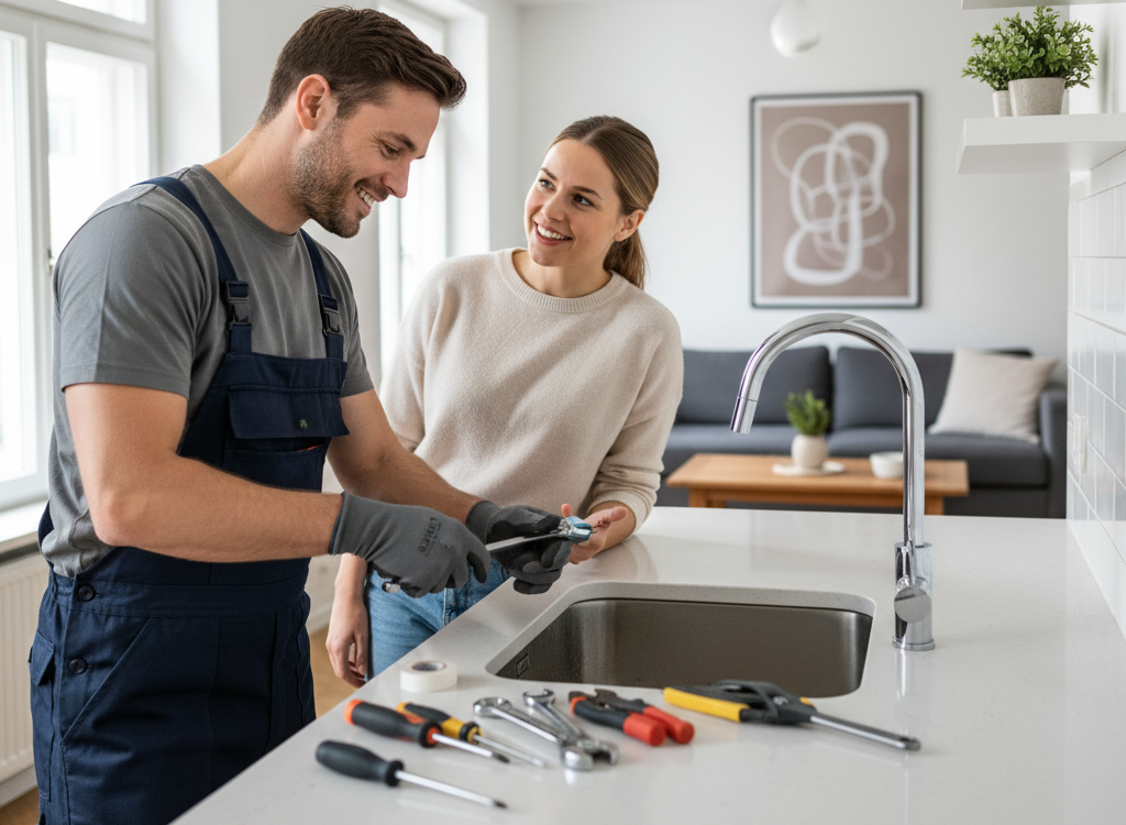 Ein Facility-Manager repariert einen Küchenwasserhahn und spricht mit einer Kundin in einer modernen Berliner Wohnung.