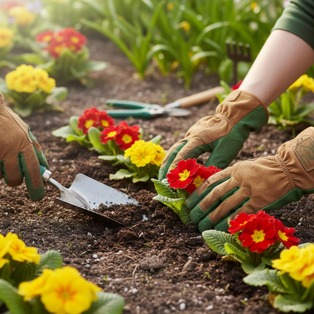 Gärtner pflanzt Blumen und ordnet Erde in einem Garten in Berlin.