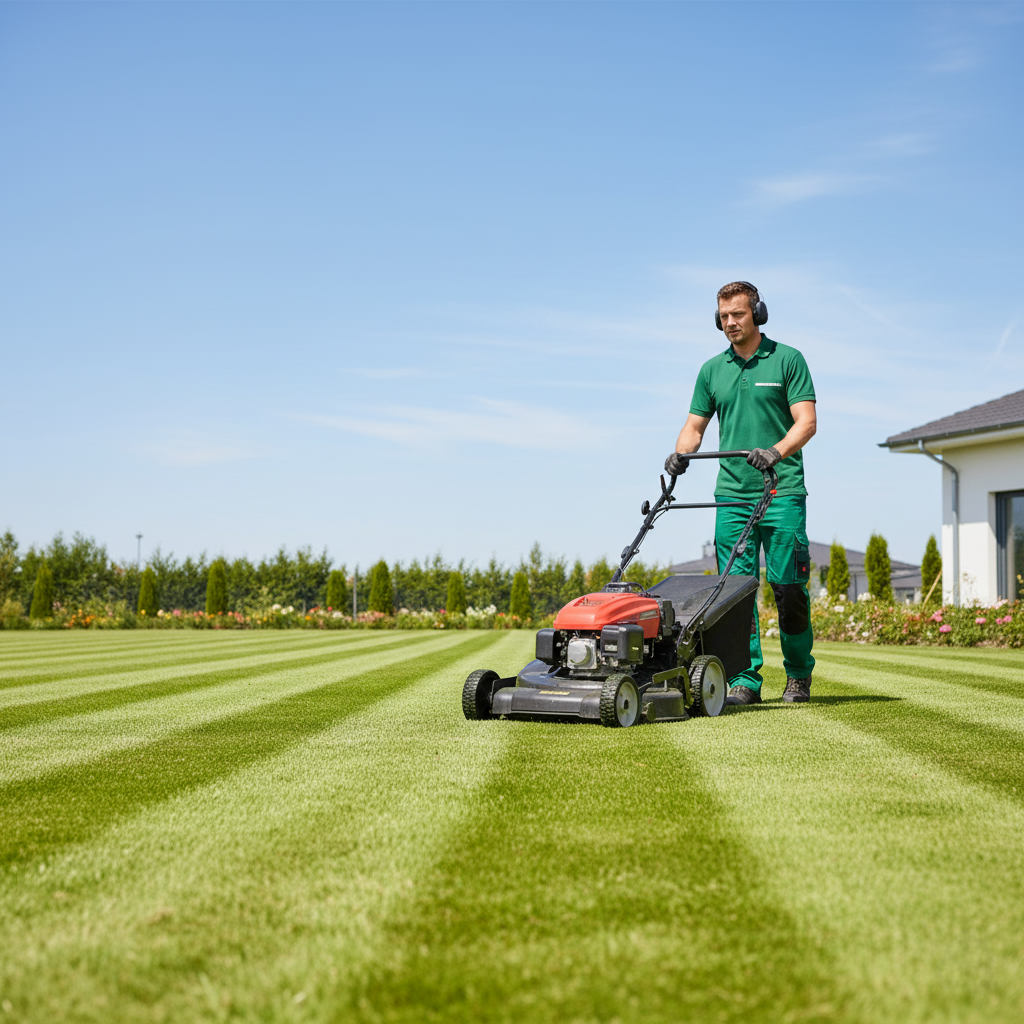Gärtner mäht den Rasen in einem gepflegten Garten in Berlin.