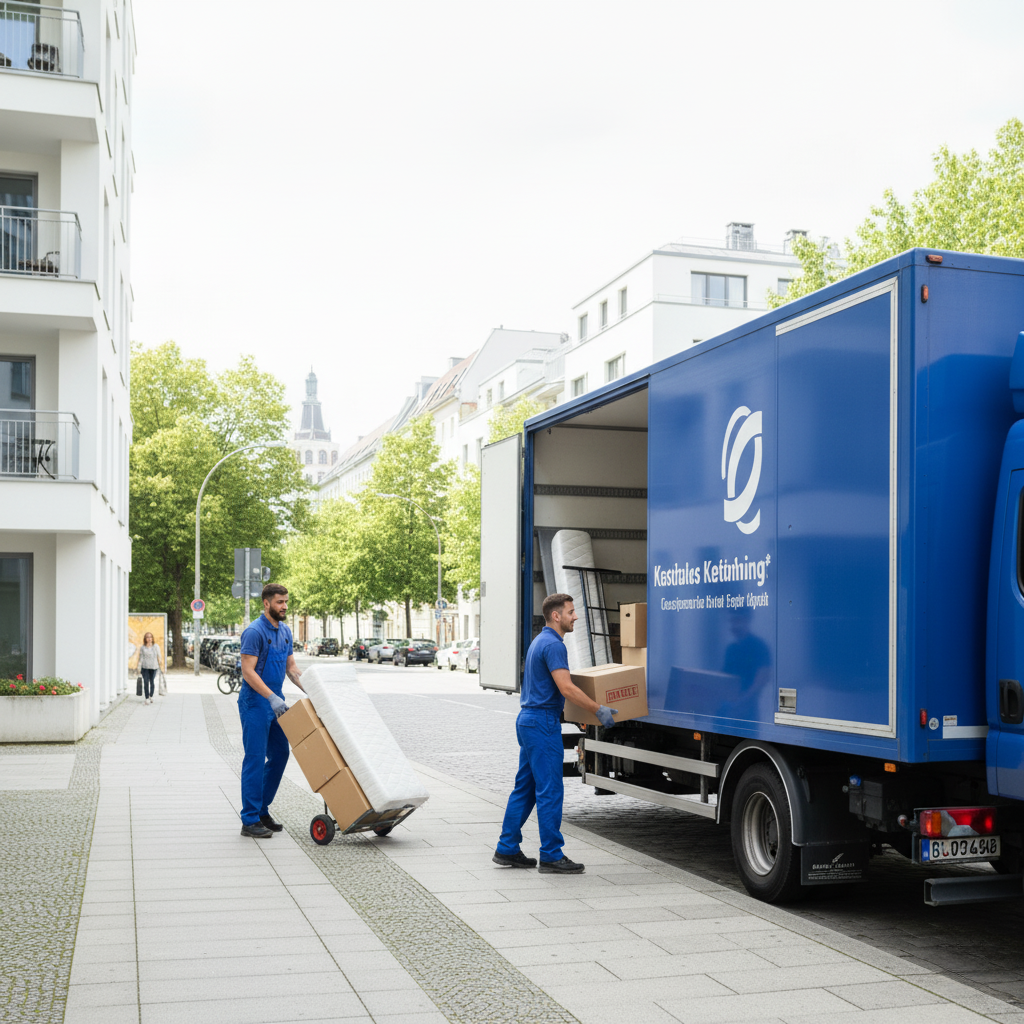 Umzugswagen wird vor einem Berliner Wohnhaus mit Möbeln und Kartons beladen.
