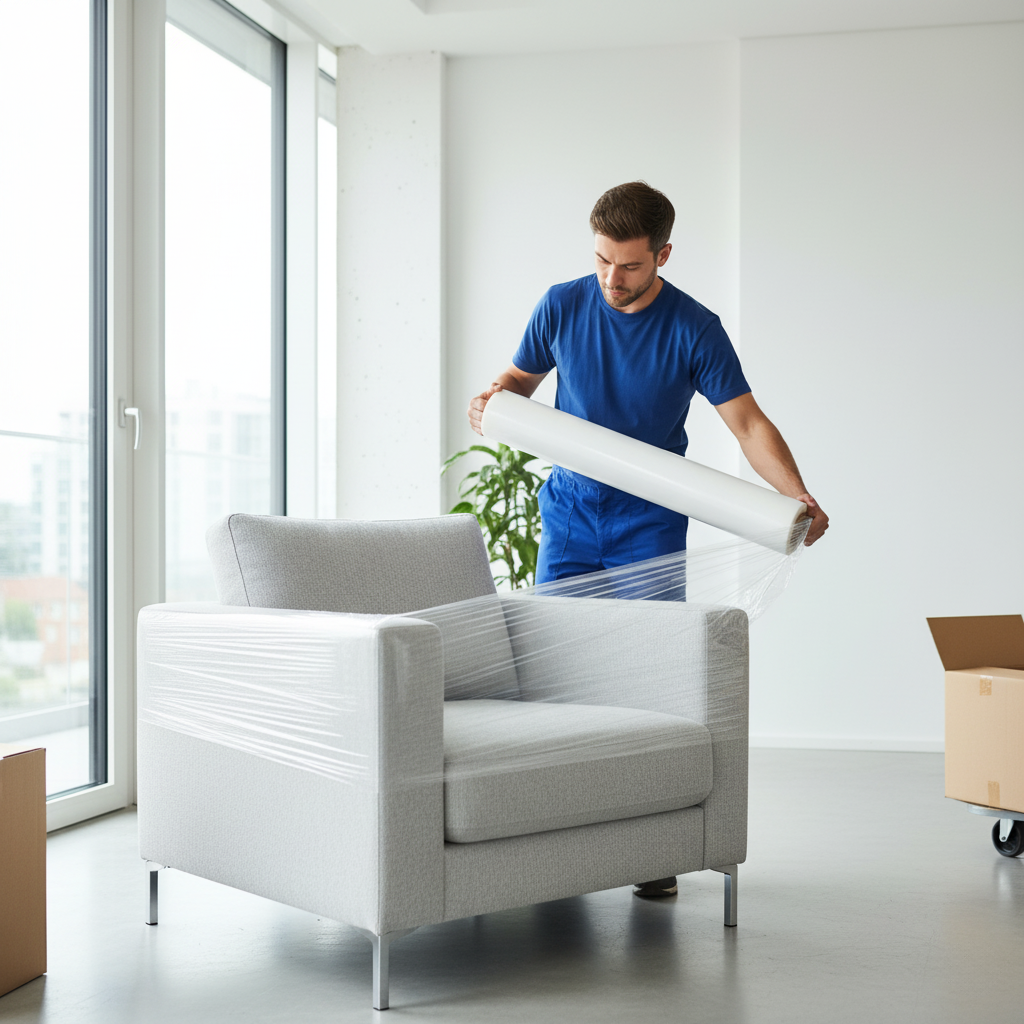 Umzugshelfer verpackt Möbel sorgfältig mit Schutzfolie in Berlin.