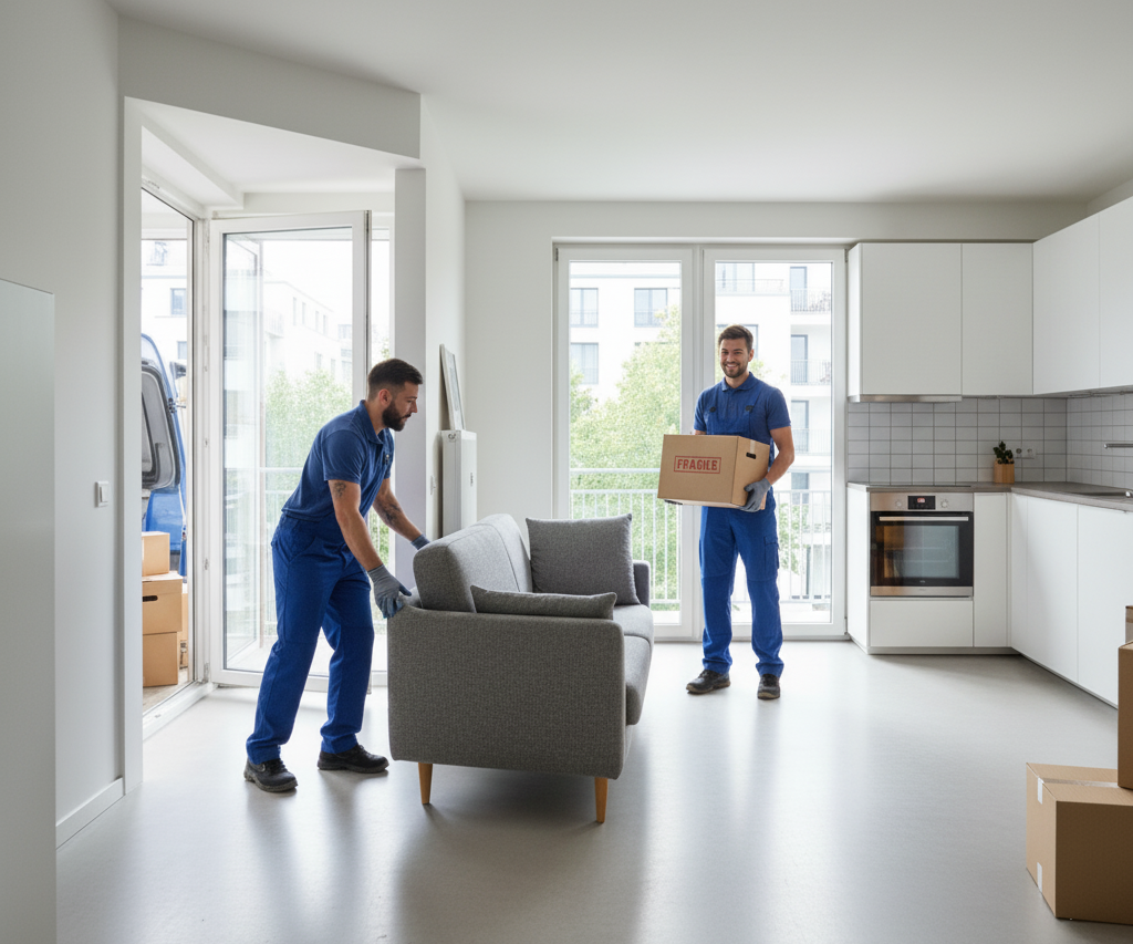 Zwei Umzugshelfer tragen Möbel und Kartons in eine moderne Wohnung in Berlin.
