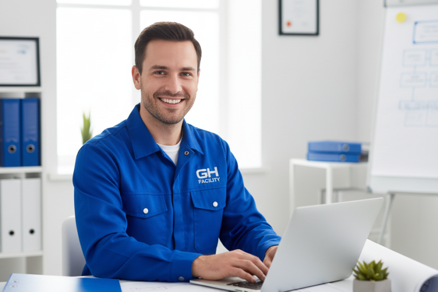 GH Facility Management Mitarbeiter beantwortet E-Mails im Büro – professioneller Hausmeisterservice Berlin