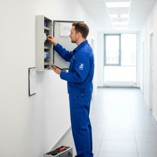 Hausmeister von GH Facility Management überprüft technische Anlagen in einem Berliner Gebäude – zuverlässiger Wartungsservice.