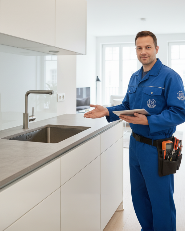 Techniker von GH Facility Management bei der Instandhaltung einer Küche in Berlin – professionelle Gebäudebetreuung und Reparaturservice.