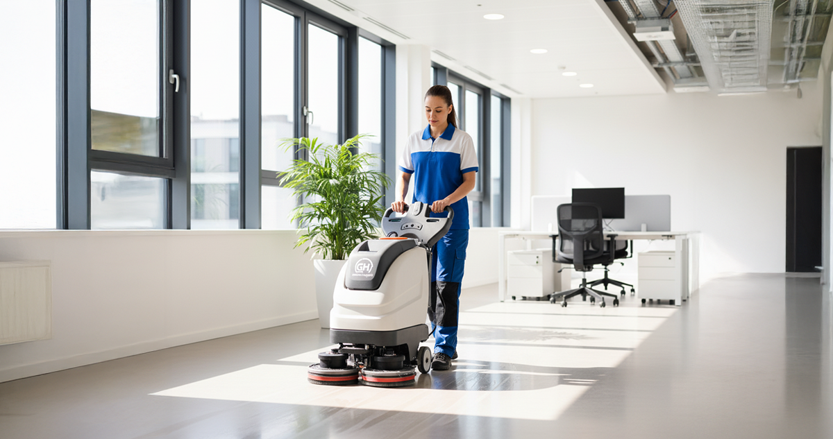 Reinigungskraft von GH Facility Management reinigt ein modernes Büro in Berlin.