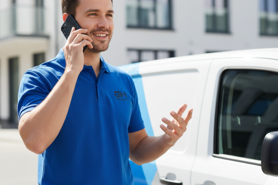 GH Facility Management Techniker telefoniert mit Kunde – Hausmeisterservice und Gebäudereinigung Berlin