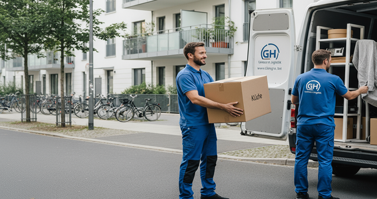 Zwei Mitarbeiter von GH Facility Management führen einen professionellen Umzug in Berlin durch.