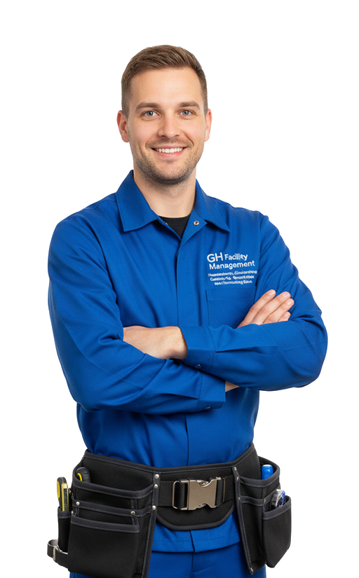Professioneller Hausmeister von GH Facility Management in Berlin auf weißem Hintergrund – zuverlässig, freundlich und kompetent.